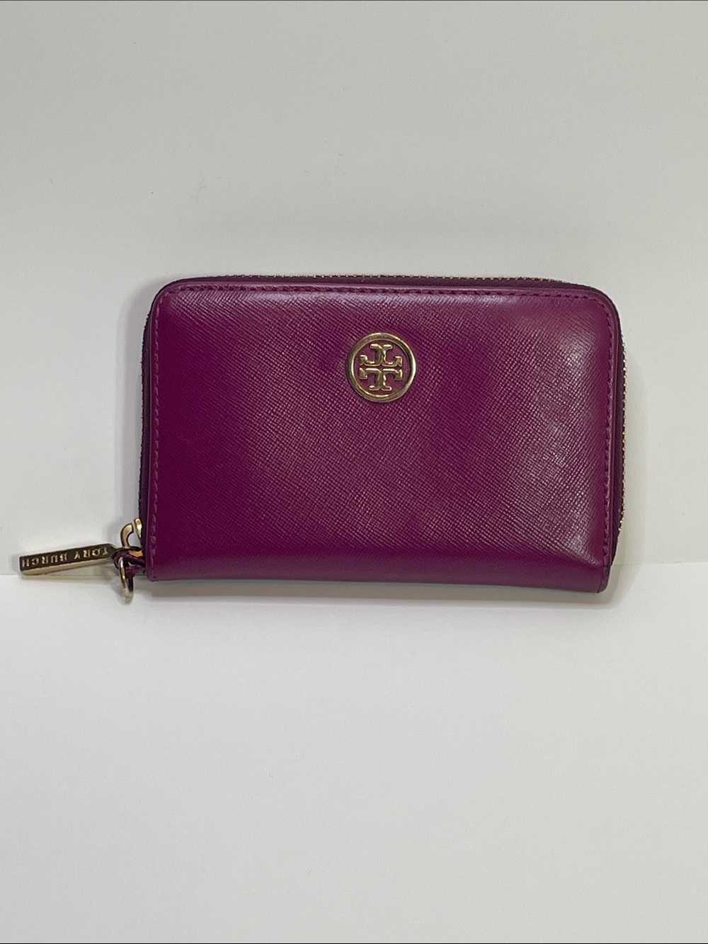 Tory Burch Magenta Zip Card Wallet with Gold Logo